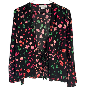 Never Fully Dressed Black Floral Tie Front Blouse Womens Sz 2 Pink Peach NFD